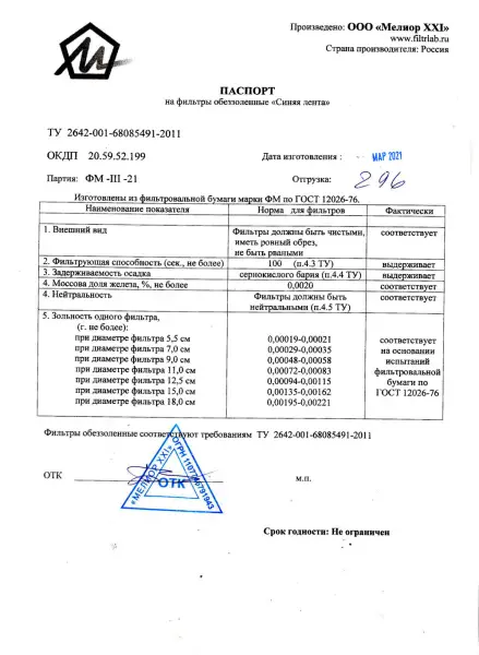 Фильтры обеззоленные Синяя лента d 110 мм, упак 100 шт