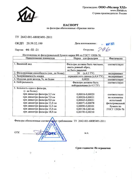 Фильтры обеззоленные Красная лента d 110 мм, упак 100 шт
